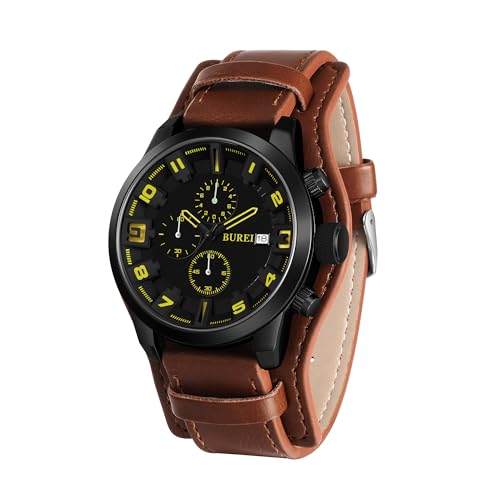 [BUREI]メンズ腕時計 アナログクオーツ 防水 シンプル 男性クロノグラフ ブラウン革時計バンド 日本製電池ウオッチギフト